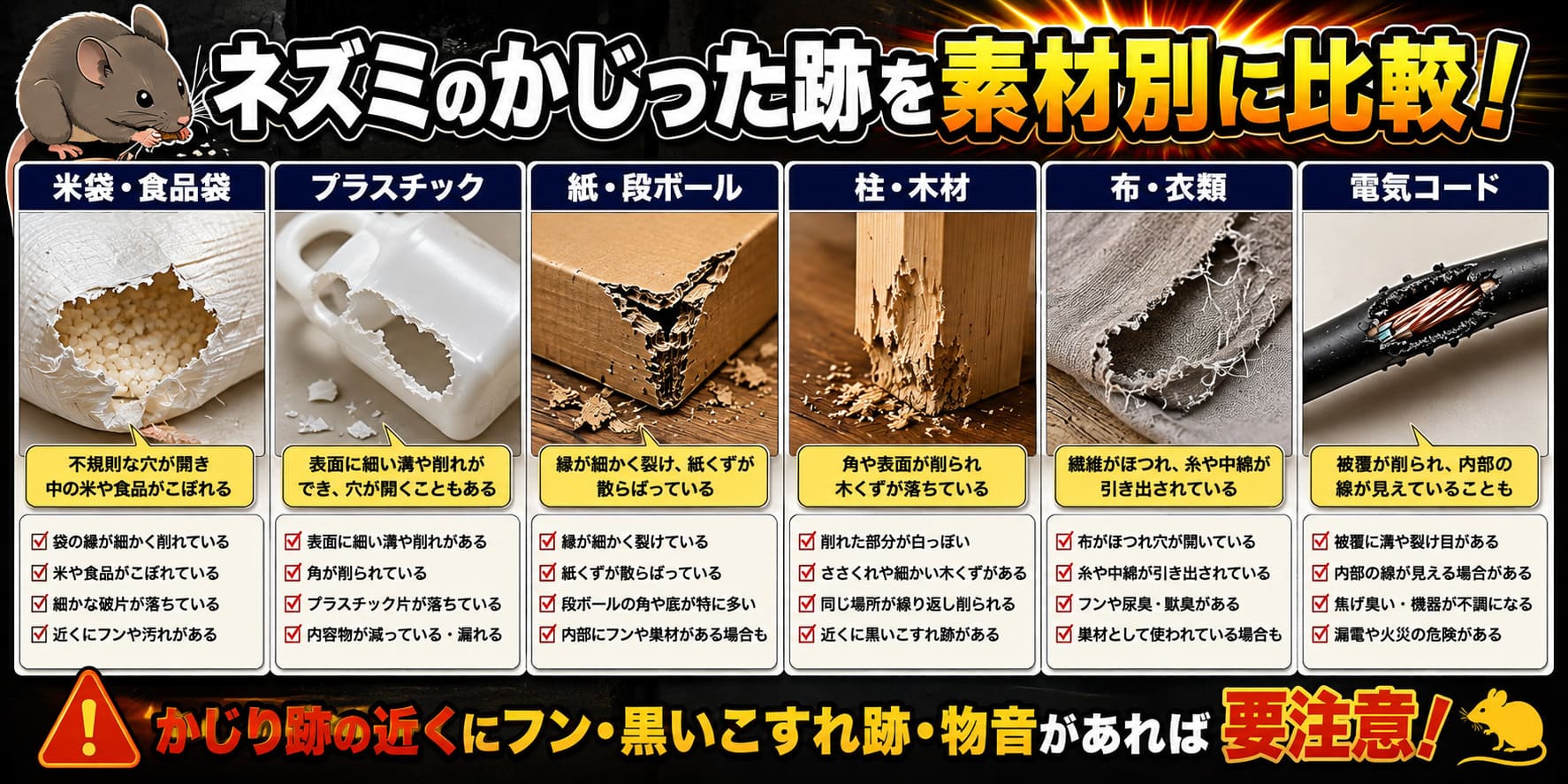 ネズミのかじった跡を素材別に比較