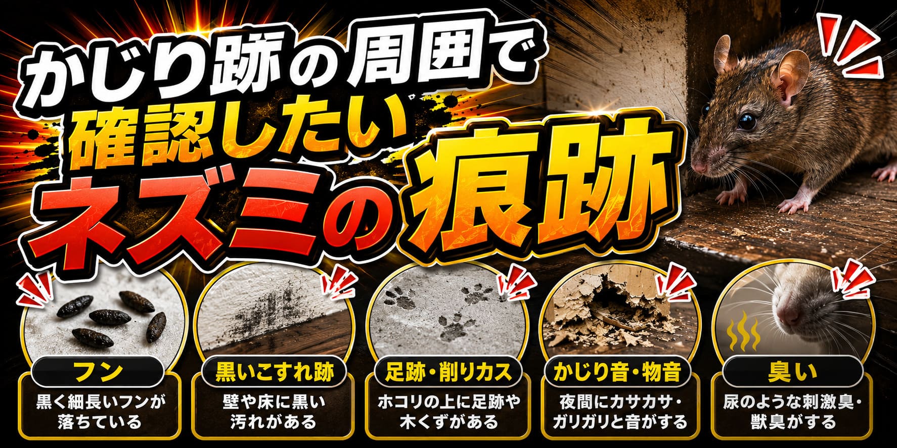 かじり跡の周囲で確認したいネズミの痕跡