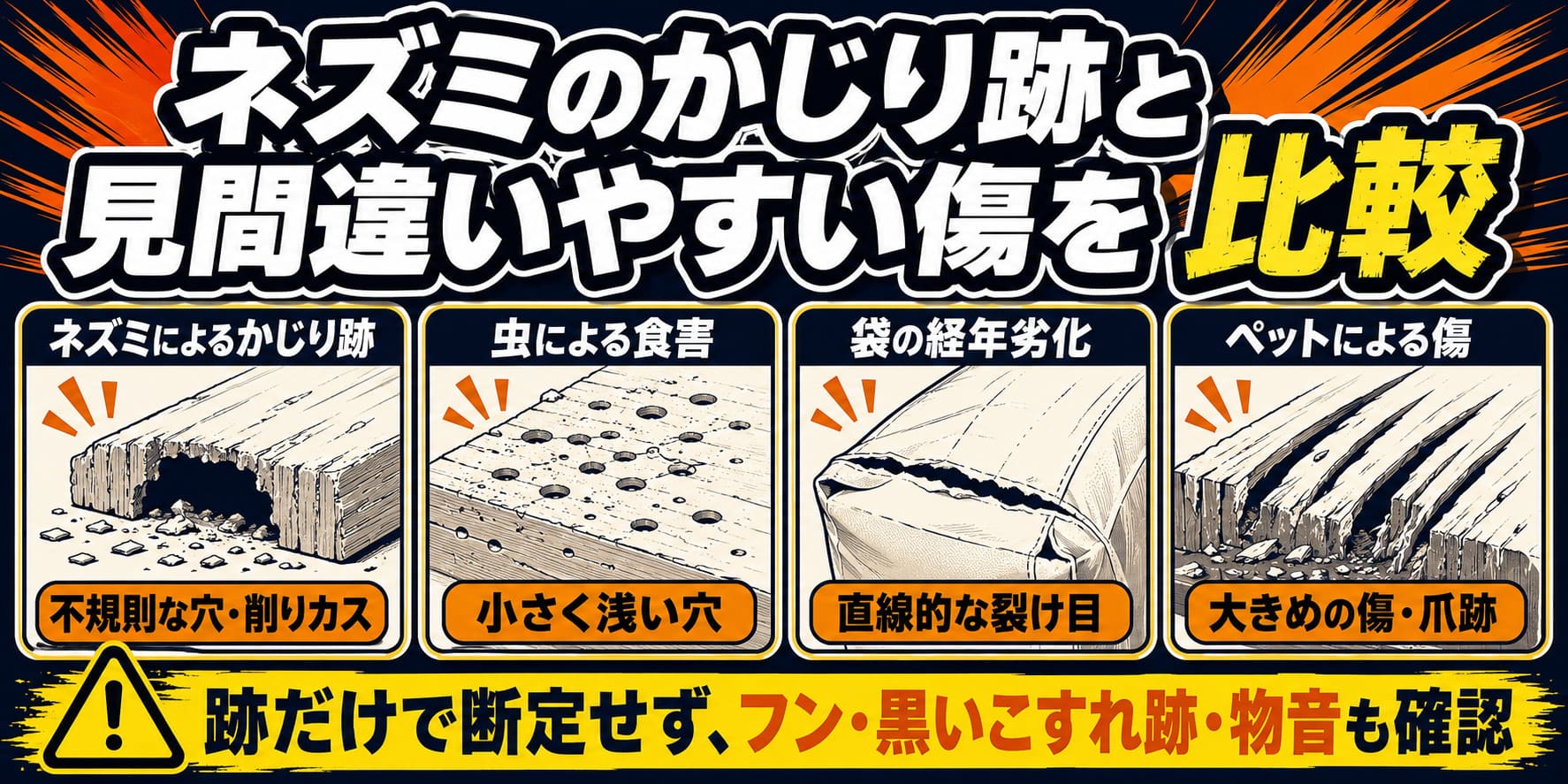 ネズミのかじり跡と見間違いやすい傷の比較
