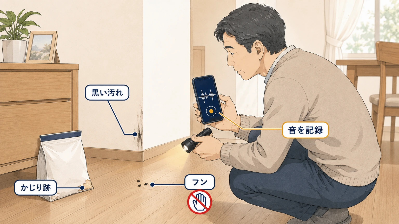 ネズミのフン・黒い汚れ・かじり跡を安全に確認する様子