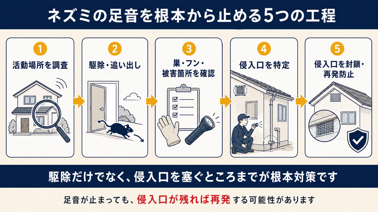 ネズミの活動場所調査から侵入口封鎖までの根本対策5工程