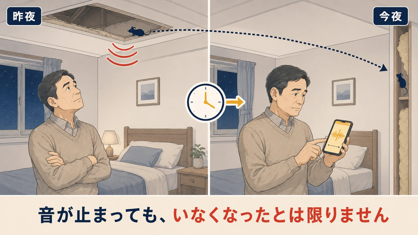 ネズミの足音が止まっても壁の中で活動している可能性を示す図