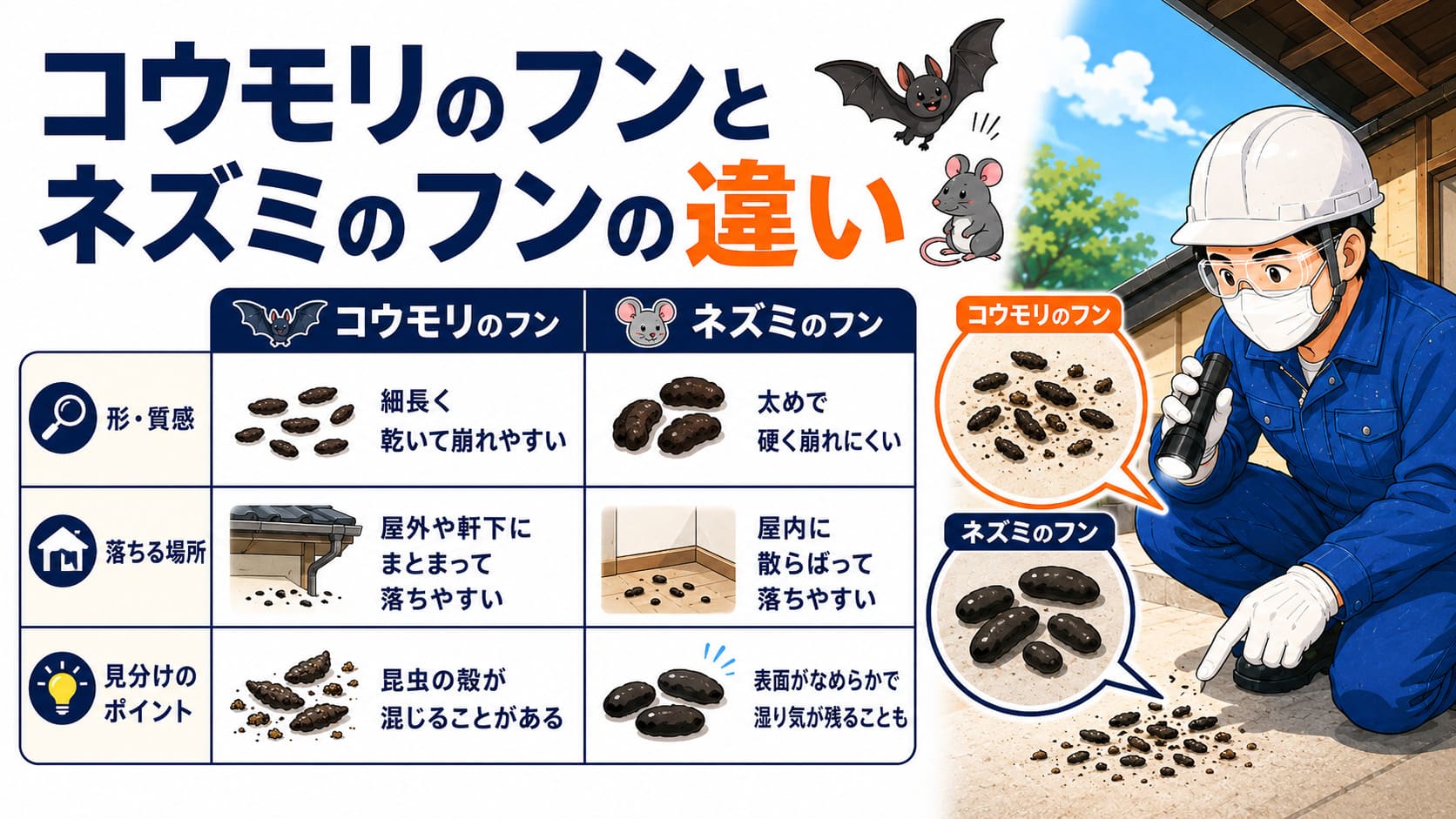 コウモリのフンの特徴（色・形・大きさ・匂い）