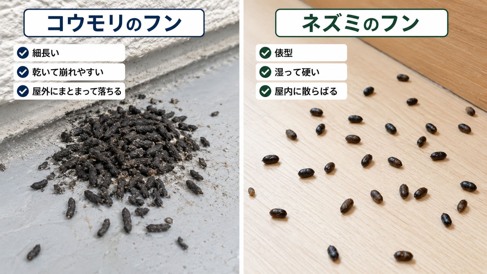 コウモリのフンとネズミのフンの比較写真
