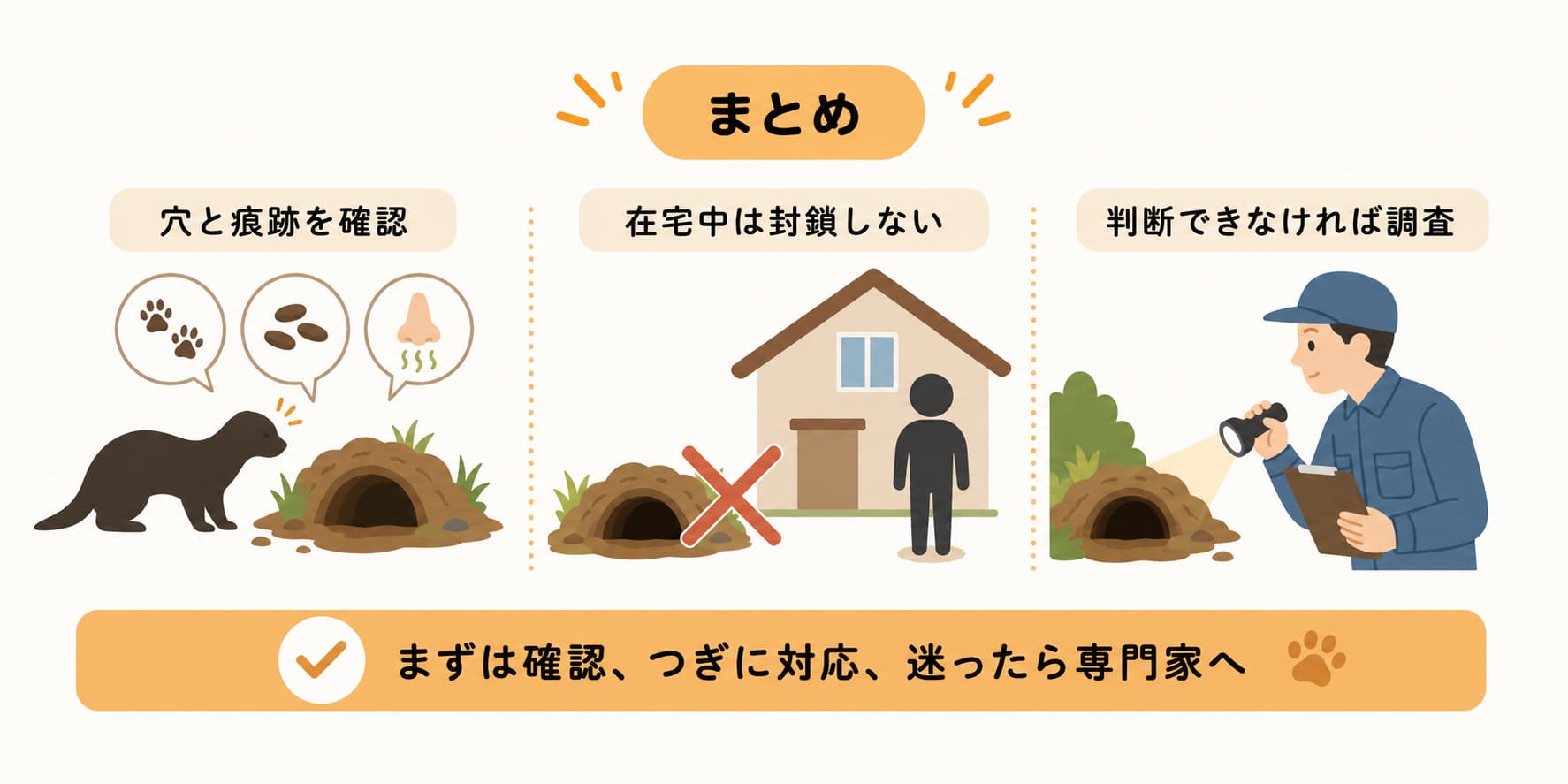 まとめ|イタチの穴は大きさだけで判断せず侵入の有無を確認する