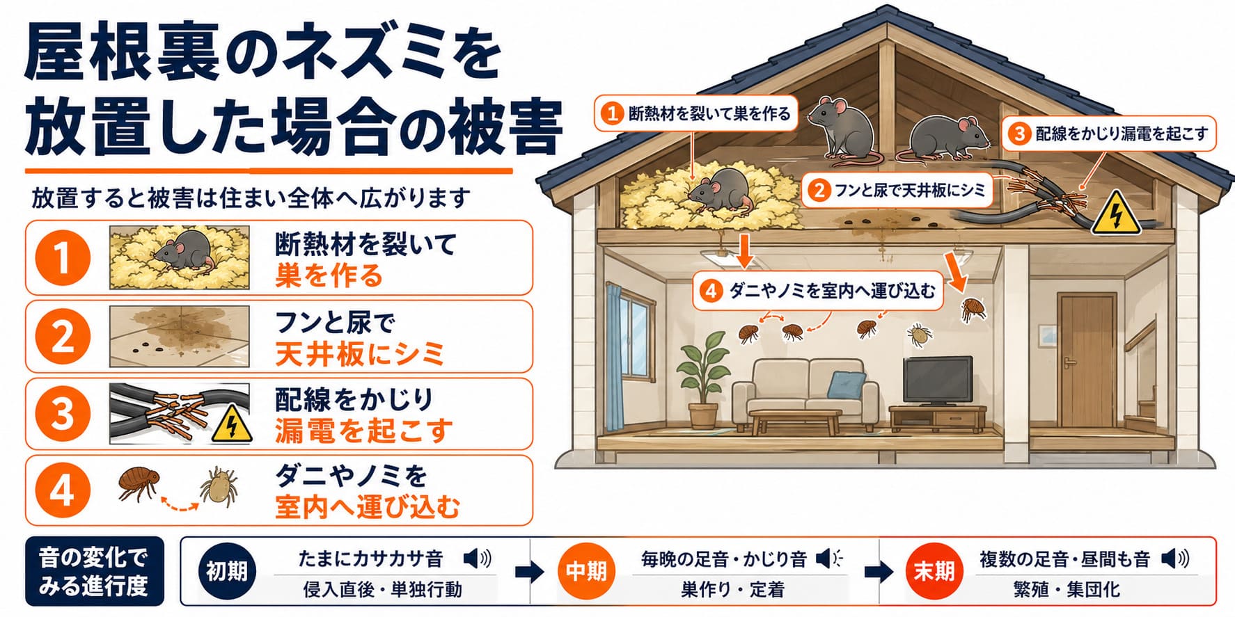 屋根裏のネズミを放置した場合の被害