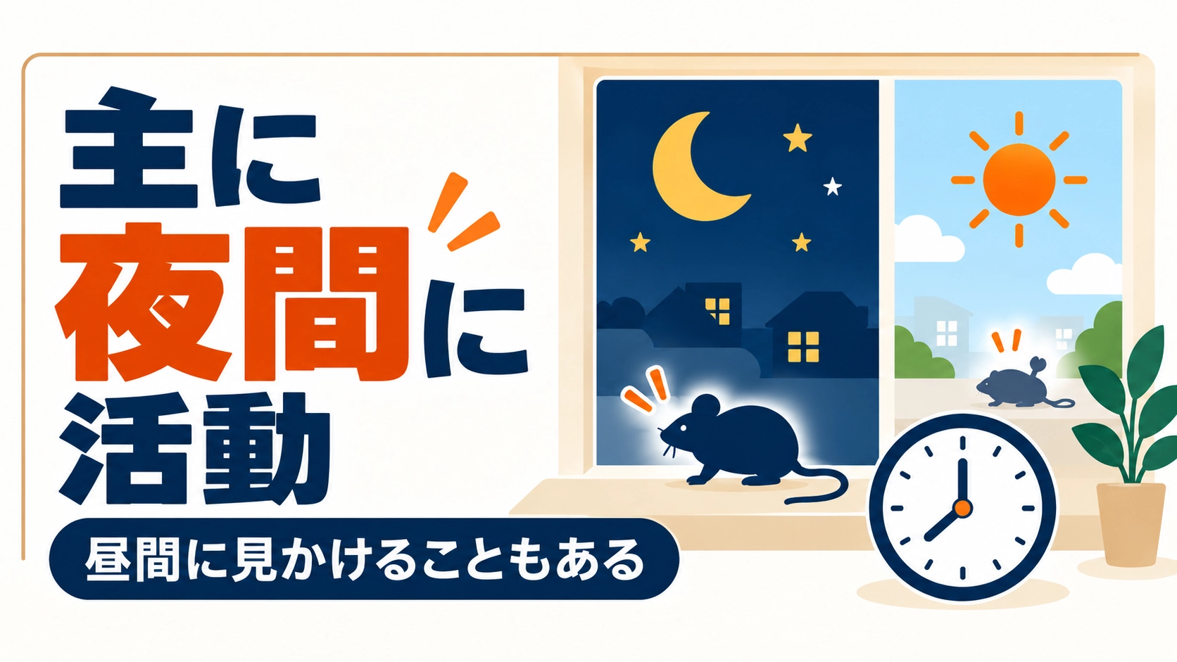 ネズミは主に夜間に活動するが昼間に見かけることもあることを示す図解