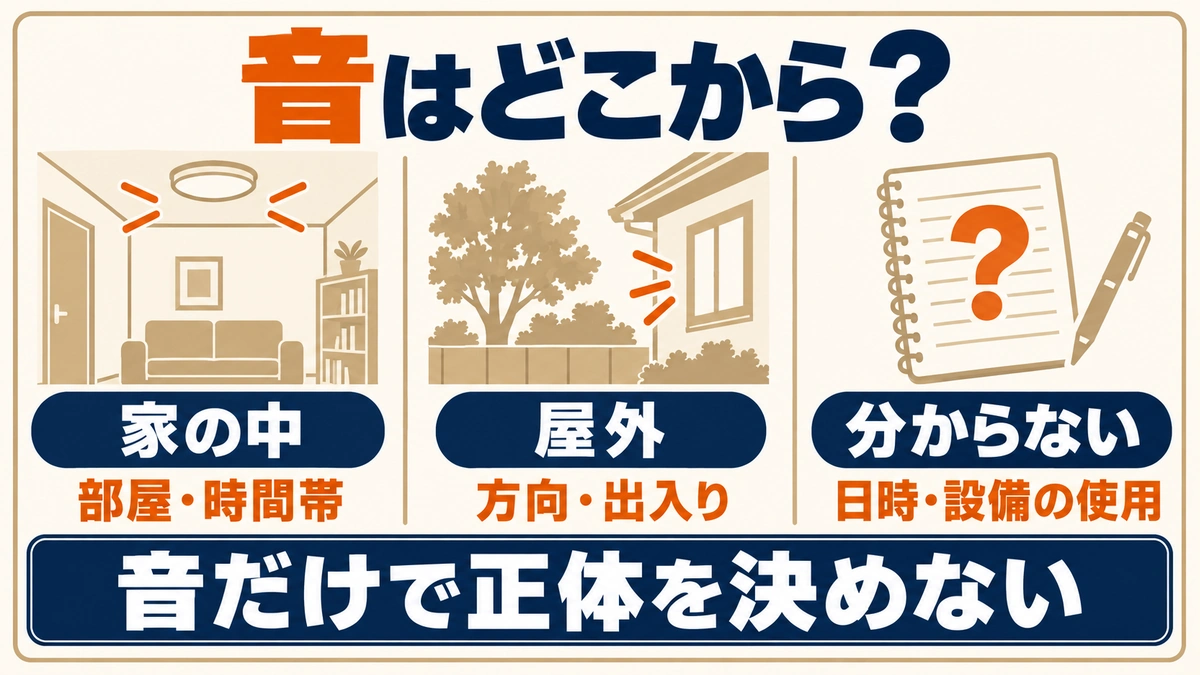 家の中は部屋と時間帯、屋外は方向と出入り、不明なときは日時と設備の使用状況を確認する図