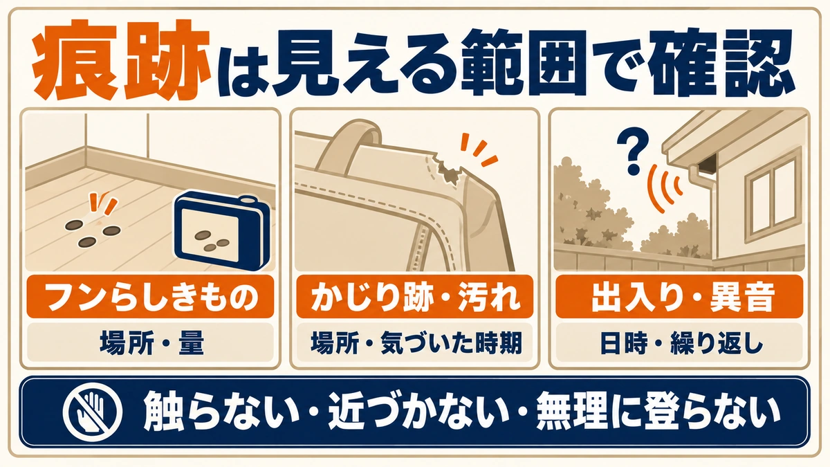 フンらしきもの、かじり跡や汚れ、出入りや異音について、安全な範囲で記録する情報を示す図