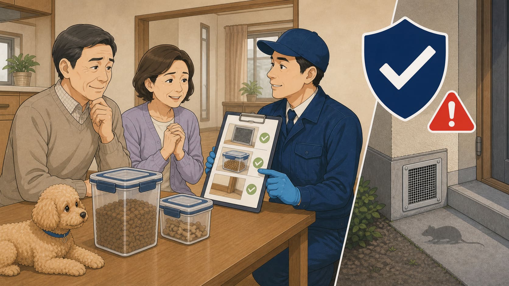 食品管理と侵入口対策を終えて確認する夫婦と専門業者