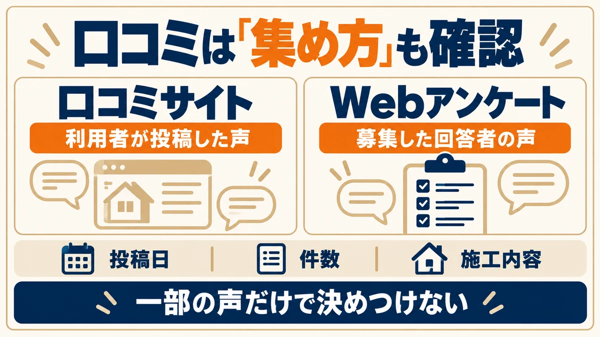 口コミサイトの投稿とWebアンケートの回答を分け、投稿日・件数・施工内容を確認するポイント。
