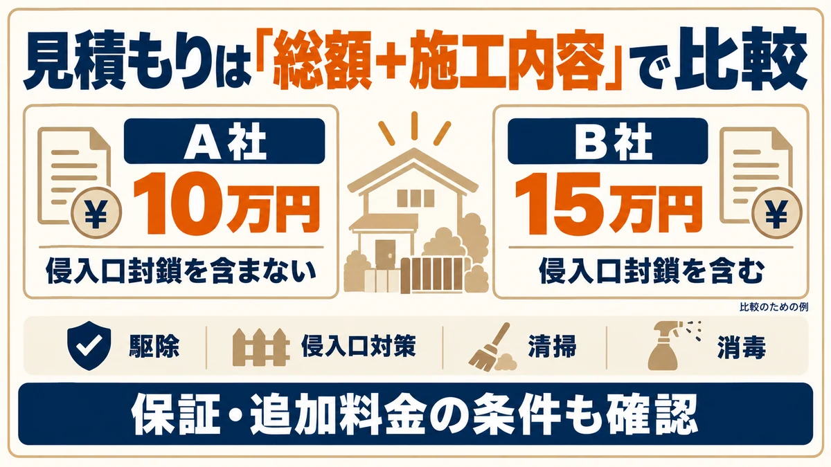 A社10万円は侵入口封鎖を含まず、B社15万円は含むという比較例。総額に加え、施工範囲・保証・追加料金の条件を確認。