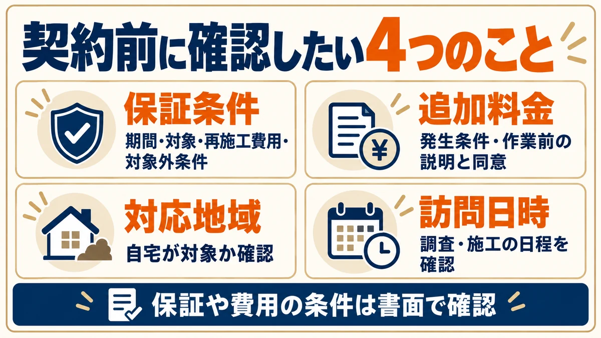 害獣駆除の契約前に確認する保証条件、追加料金、対応地域、訪問日時の4項目。保証や費用の条件は書面で確認。