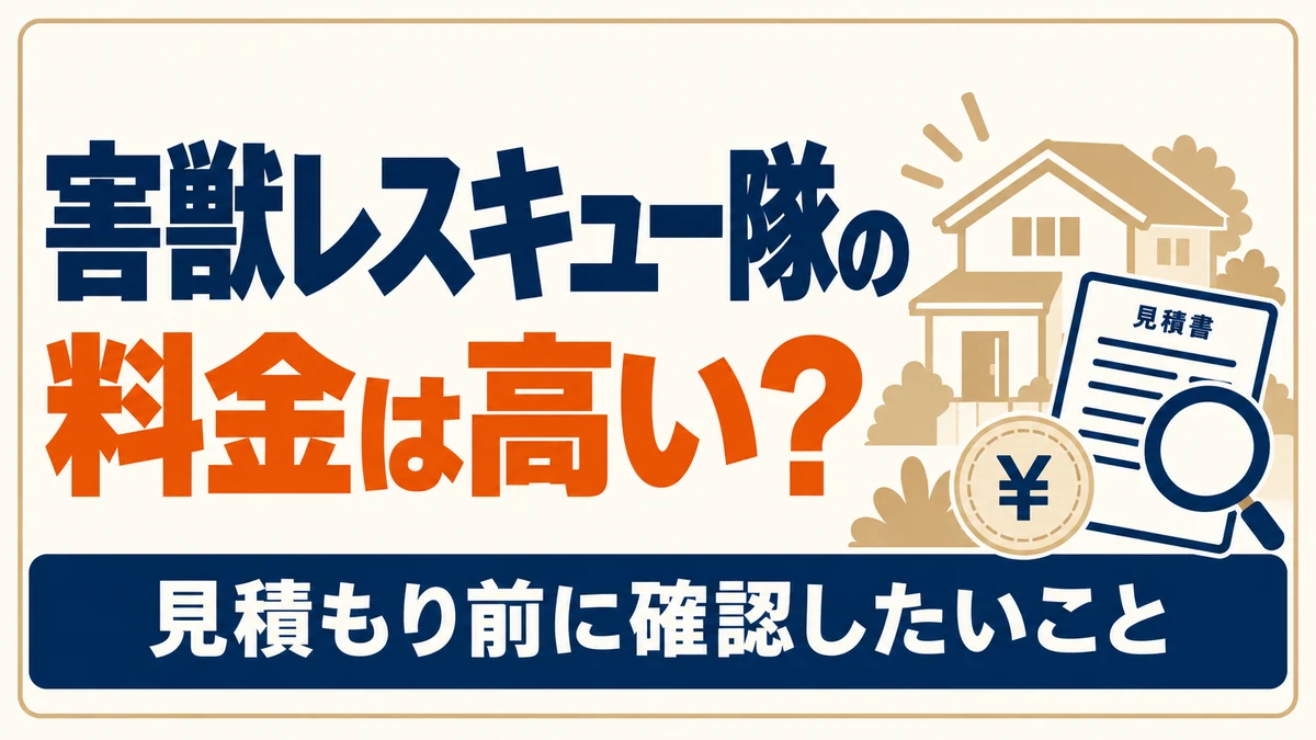 住宅と見積書、円マークを描き、害獣レスキュー隊の料金と見積もり前の確認事項を表したイラスト。