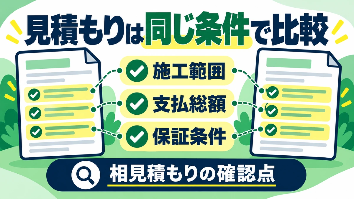 2社の見積もりで施工範囲、支払総額、保証条件を同じ項目で比べる図