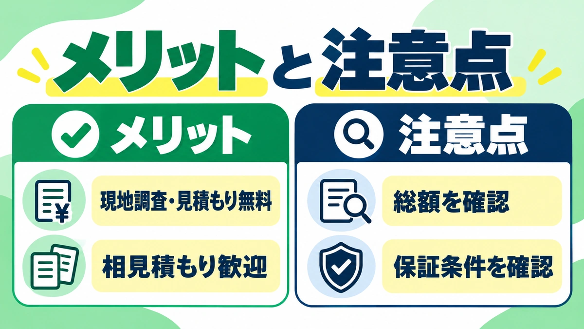 現地調査・見積もり無料と相見積もり歓迎、総額と保証条件の確認点を並べた図