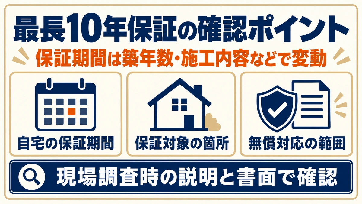 最長10年保証の期間は築年数や施工内容などで変動。自宅の保証期間・保証対象の箇所・無償対応の範囲を、現場調査時の説明と書面で確認する