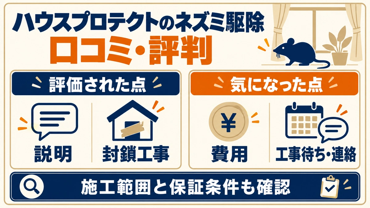 ハウスプロテクトのネズミ駆除で評価された説明・封鎖工事と、気になった費用・工事待ち・連絡