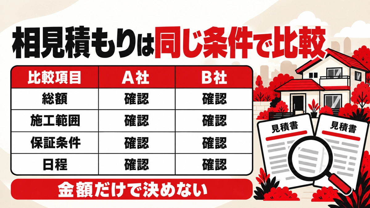 A社とB社の見積もりを、総額・施工範囲・保証条件・日程の同じ4項目で比較する図解。