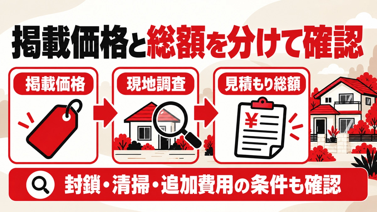 掲載価格、現地調査、見積もり総額の順に確認し、封鎖・清掃・追加費用の条件も確認する図解。