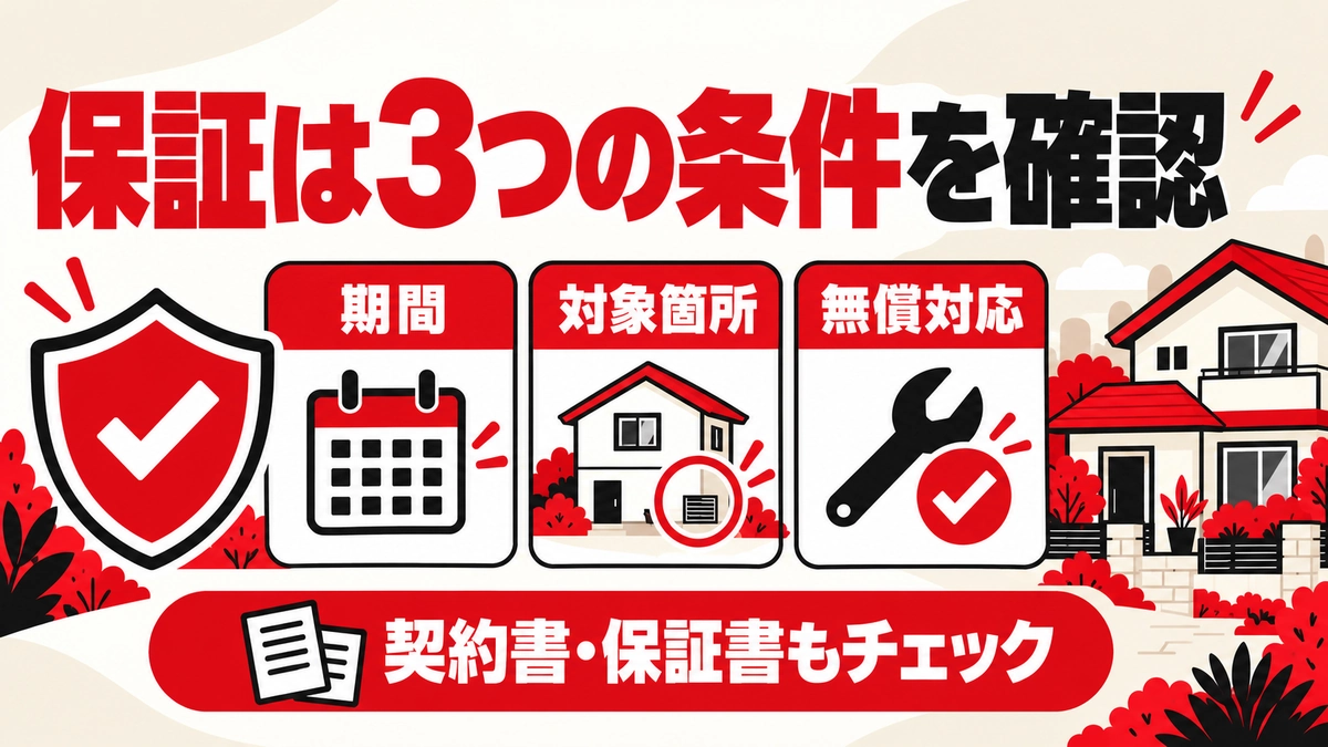 保証期間、対象箇所、無償対応の範囲を確認し、契約書・保証書と照らし合わせる図解。
